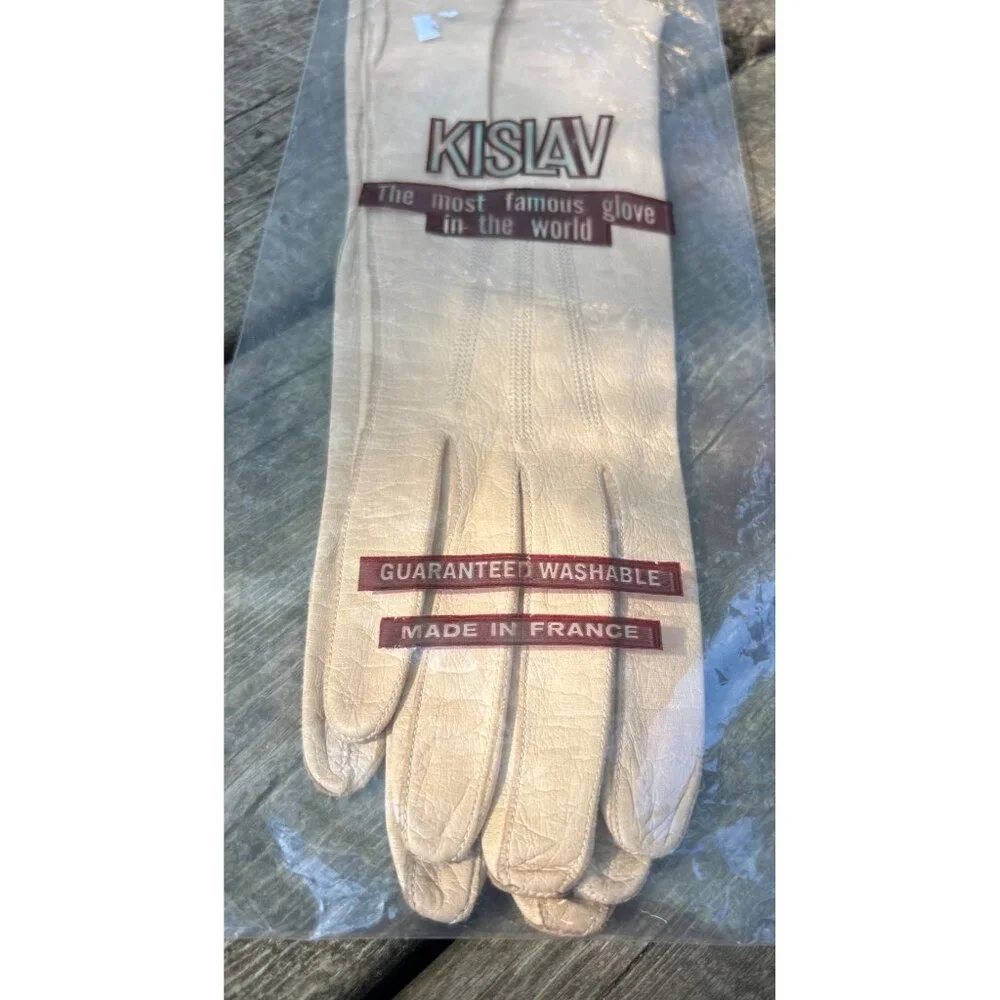 Vtg‎ Washable Kid Leather Ladies Long Beige Gloves Size 7 France